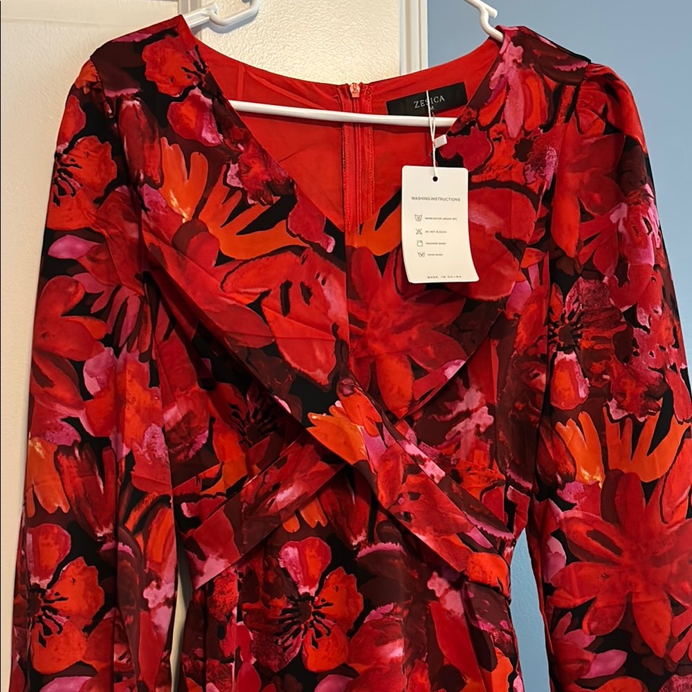 Vibrant Red Floral Long Sleeve Dress - Picture 2 of 4